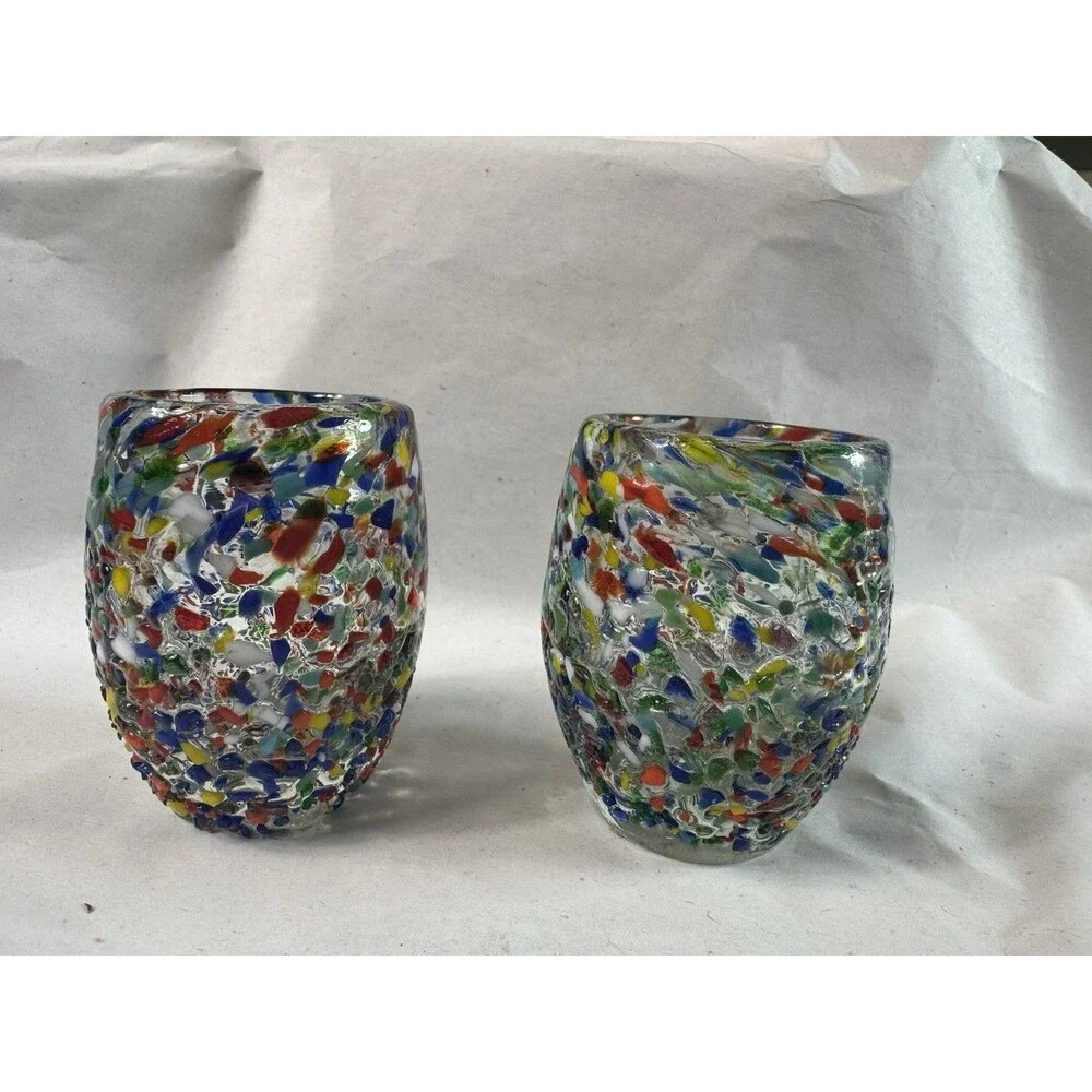 Set Of 2 Mexican Confetti Rocks Style Shot Glasses 3 Inches Colorful Handmade
